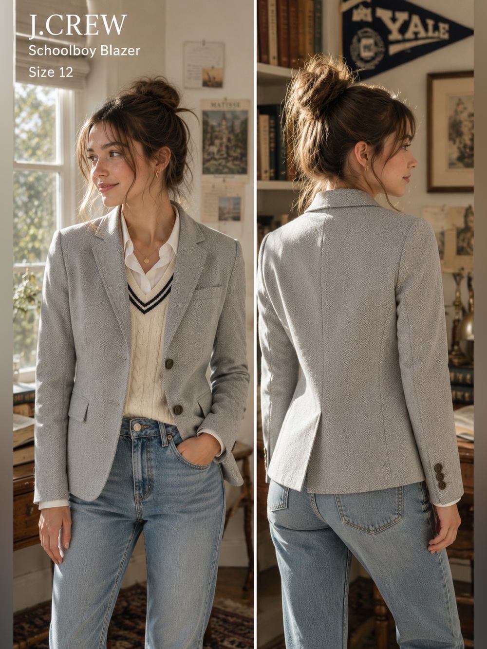 J.Crew Schoolboy Gray Herringbone Blazer Womens 12 Preppy Career Jacket academia - Picture 15 of 15